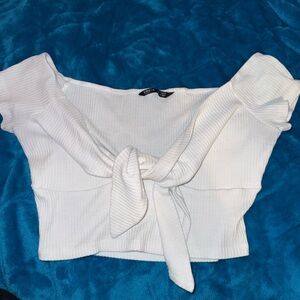 SHEIN Knot Front Rib-knit Bardot Top